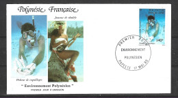Delcampe - POLYNESIE. N°332 De 1989 Sur Enveloppe 1er Jour. Pêcheur De Coquillages. - Muscheln