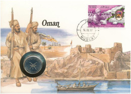 Delcampe - Omán 1986. 50b érmés Borítékban, Bélyeggel és Bélyegzéssel, Német Nyelvű Ismertetővel T:UNC Oman 1986. 50 Baisa In Coin - Ohne Zuordnung