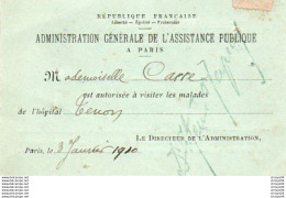 Delcampe - 35Ch    Carte Autorisation De Visiter Les Malades De L'Hopital Tenon à Paris Assistance Publique En 1910 - Biglietti D'ingresso