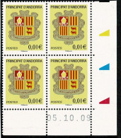 Delcampe - ANDORRA ANDORRE Armoiries  Bloc De 4 Coin Daté  05.10.09  ** SUP. - Sonstige & Ohne Zuordnung