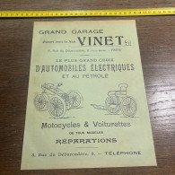 Delcampe - 1899 PLM Publicité GRAND GARAGE VINET AUTOMOBILES ÉLECTRIQUES AU PÉTROLE Motocycles Voiturettes ROUES VINET CAOUTCHOUTÉE - Material Und Zubehör