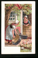 Delcampe - Künstler-AK Amsterdam, Zwei Holländerinnen Mit Holzwannen, Reklame Für Cacao Bensdorp - Cultivation