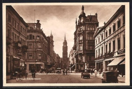 Delcampe - AK Krefeld, Rheinstrasse Mit Geschäften Und Kirche - Krefeld