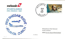 Delcampe - T -  178 - Enveloppe 1er Vol Swissair  Atlanta-Zürich 1987 - First Flight Covers