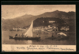 Delcampe - Cartolina Bellagio Dal Lago, Panoramaansicht Vom See Aus, Segelboot Mit Herren Auf Dem See - Sonstige & Ohne Zuordnung