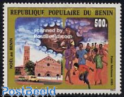 Delcampe - Benin 1985 Christmas 1v, Mint NH, Religion - Transport - Christmas - Churches, Temples, Mosques, Synagogues - Automobi.. - Bénin – Dahomey (1960-...)