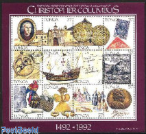 Delcampe - Tonga 1992 Discovery Of America 12v M/s, Mint NH, History - Nature - Science - Transport - Various - Explorers - Birds.. - Explorers