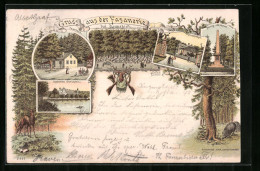 Delcampe - Lithographie Darmstadt, Gasthaus Forsthaus, Garten, Jagdschloss Kranichstein - Caccia