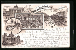 Delcampe - Lithographie Berlin, Gasthaus Zum Schultheiss, Unter Den Linden 4a, Inneres Spiegel-Saal Und Restaurant-Saal - Mitte