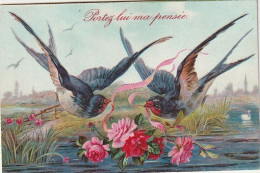 Delcampe - ZA 6- " PORTEZ LUI MA PENSEE  " - CARTE GAUFREE FANTAISIE - COUPLE D' HIRONDELLES AVEC RUBAN ET BOUQUET DE ROSES - Andere & Zonder Classificatie