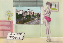 Delcampe - * SAN REMO - Donna Disegnata Con Panorama Dalla Finestra - Colorata A Mano 1960 - Imperia