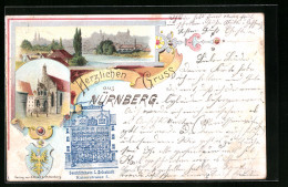 Delcampe - Lithographie Nürnberg, Panorama Am Wasser, Geschäftshaus Erlenbach In Der Kaiserstrasse 5, Wappen - Nuernberg