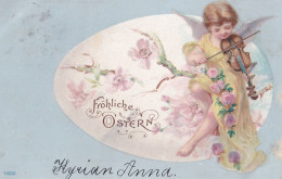 Delcampe - Angel Playing Violin Frohliche Ostern Easter Old Postcard 1901 - Engel
