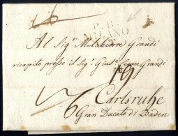 Delcampe - Cover 1811, Brief Aus "P. B. / MILANO" Am 6.2. über Bayern Nach Carlsruhe (Baden), Taxvermerke 16 Gestrichen Und 12/6 Bz - Lombardo-Venetien