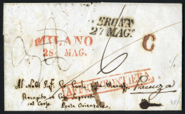 Delcampe - Cover 1846/1855, Quattro Lettere Da Milano Con Bolli Rossi "FRANCO/FRONTIERA", "AFFRA.FRONTIERA" E "DOPO LA/PARTENZA" Pe - Lombardo-Venetien