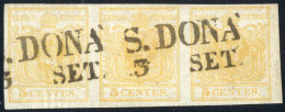 Delcampe - O 1850, 5 Cent. Giallo Chiaro, Carta A Mano, Striscia Orizzontale Di Tre, Buoni Margini, Nitidi Annulli SD "S.DONÀ / 3 S - Lombardo-Venetien