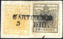 Delcampe - Piece 1850, 5 E 10 Cent Su Frammento Usato A "MARTINENGO 5 DIC" (annullo SD), Sass. 1, 2 / P.12 - Lombardo-Venetien