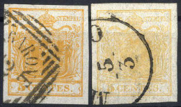Delcampe - O 1850, Due Valori 5 C. Giallo Ocra E Arancio, Tutti Carta A Mano Con Decalco, 2 Cert. Babor, Sass. 1 - Lombardo-Venetien