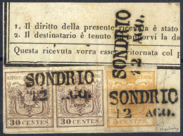 Delcampe - O/piece 1850, Frammento Di Recepisse Affrancata Con 5 C. Giallo Prima Tiratura E Due 30 C. Bruno Prima Tiratura Annulato - Lombardo-Venetien