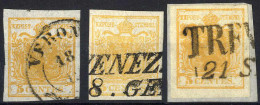 Delcampe - O/piece 1850, Tre Valori 5 C. Giallo Ocra E Arancio, Tutti Carta A Mano, 2 Cert. Ferchenbauer, Sass. 1 - Lombardo-Venetien