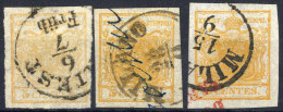Delcampe - O 1850, Tre Valori 5 C. Arancio, Arancio Carico E Giallo Ocra, Tutti Carta A Mano Seta 0,06 E Due 0,07 Mm, 3 Cert. Ferch - Lombardo-Venetien