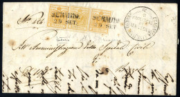 Delcampe - Cover 1850, Lettera Da Sermide (SD Punti 7) Il 29.9 Per Bozzolo Affrancata Con Tre 5 C. Giallo, Giallo Limone E Giallo P - Lombardo-Venetien
