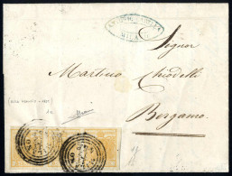 Delcampe - Cover 1851, Lettera Da Milano (C4 4-5 P. Punti 2) Il 11.12 Per Bergamo Affrancata Con Striscia Di Tre 5 C. Ocra Arancio, - Lombardo-Venetien