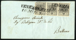 Delcampe - Cover 1850, 10 Cent. Nero, Striscia Di Tre Su Lettera Da Venezia 16 MAG A Belluno, La Striscia Ha Un Preannullamento Tra - Lombardo-Venetien