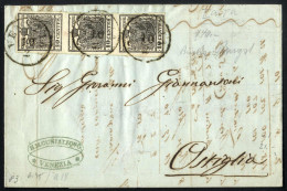 Delcampe - Cover 1855, Fattura Del 10.2.1855 Da Venezia A Ostiglia, Affrancata Con Una Striscia Verticale Di Tre Del 10 Cent. Nero, - Lombardo-Venetien