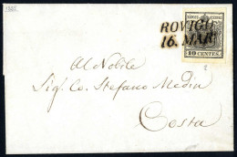 Delcampe - Cover 1855, Lettera Da Rovigo Il 16.3 Per Costa Nel Distretto Affrancata Con 10 C. Nero Carta A Mano, Sass. 2 / 5500,- - Lombardo-Venetien