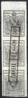 Delcampe - O 1850, 10 C. Grigio Argenteo Striscia Verticale Di Tre Con Bordo Superiore Usato A Lodi Il 11.9, Cert. Matl, Sass. 2a / - Lombardo-Venetien