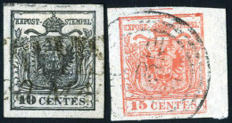 Delcampe - O 1850, 10 Cent. Nero Scuro E 15 Cent. Rosso, Entrambi Carta A Mano E Ben Marginati E Con Spazio Tipografico Orizzontale - Lombardo-Venetien