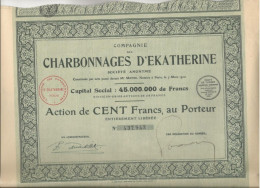 Delcampe - COMPAGNIE DES CHARBONNAGES D'EKATHERINE -LOT DE 5 ACTIONS DE CENT FRANCS -ANNEE 1929 - Mines