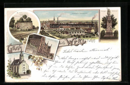 Delcampe - Lithographie Werl I. Westf., Ursulinen-Stift, Schlossruine, Kriegerdenkmal - Werl