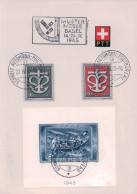 Delcampe - Bloc Don Suisse Pour Les Victimes De La Guerre Sur Feuillet PTT, Cachet Muster Messe Et Automobile Bureau (22.4.1945) - Blocks & Kleinbögen