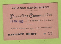 Delcampe - CARTON D'INVITATION EGLISE SAINTE GENEVIEVE D' ASNIERES POUR PREMIERE COMMUNION EN 1932 - Visitenkarten