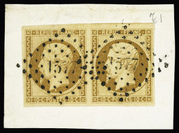 Delcampe - Obl N°9a 10c Bistre-brun, En Paire, Voisins En Haut, Obl. PC 1577 De Joigny (Yonne) Sur Petit Fragment, TTB - 1852 Luis-Napoléon