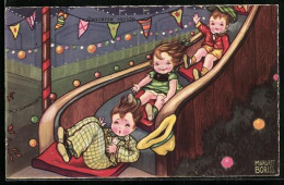 Delcampe - Künstler-AK Margret Boriss: Drei Kinder Auf Einer Rutsche - Boriss, Margret