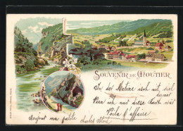 Delcampe - Lithographie Moutier, Flusspartie, Gesamtansicht Mit Umgebung Aus Der Vogelschau - Moutier