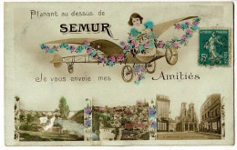 Delcampe - Carte Montage Photo Illustrée & 3 Vues, Planant Au Dessus De Semur, Je Vous Envoie Mes Amitiés - Circ 1911, Arrachement - Semur