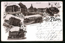 Delcampe - Lithographie Plauen I. Vgtl., Kgl. Industrieschule, Altmarkt, Postamt, Restaurant Zum Tunnel, Hradschin - Plauen