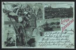 Delcampe - Mondschein-Lithographie Bamberg, Alte Hofhaltung, Ritter Mit Wappenschild, Klein Venedig, Ortsansicht - Bamberg