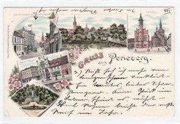 Delcampe - 39014900 - Lithographie Gruss Aus Perleberg Mit Teilansicht, Marktplatz Mit Rathaus, Marktplatz Mit Roland, Kriegerdenk - Pritzwalk
