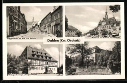 Delcampe - AK Dahlen / Oschatz, Bahnhofstrasse Mit Blick Zum Rathaus, FDJ-Jugendherberge Georgi Dimitroff, Marktplatz Und Schloss - Oschatz