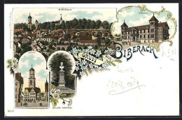 Delcampe - Lithographie Biberach / Riss, Wieland-Denkmal, Kirche, Turnhalle Und Gesamtansicht - Biberach