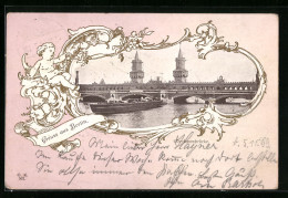Delcampe - Passepartout-AK Berlin-Friedrichshain, Gruss Mit Der Oberbaumbrücke - Friedrichshain
