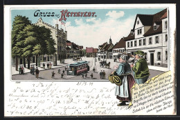 Delcampe - Lithographie Hettstedt, Strassenpartie Mit Strassenbahn - Hettstedt