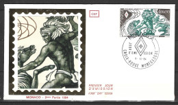 Delcampe - MONACO. N°1436 De 1984 Sur Enveloppe 1er Jour. Hercule Et Les Cavales De Diomède. - Pferde