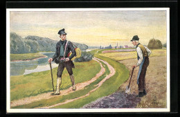 Delcampe - AK Bauer Mit Spaten Und Wanderer Auf Einem Feldweg - Scouting