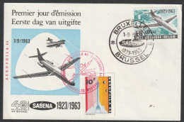 Delcampe - Belgien: 1963, FDC Sonderumschlag, Mi. Nr. 1319, 3 Fr.  40 Jahre Fluggesellschaft SABENA.     ESoStpl. BRÜSSEL - Storia Postale
